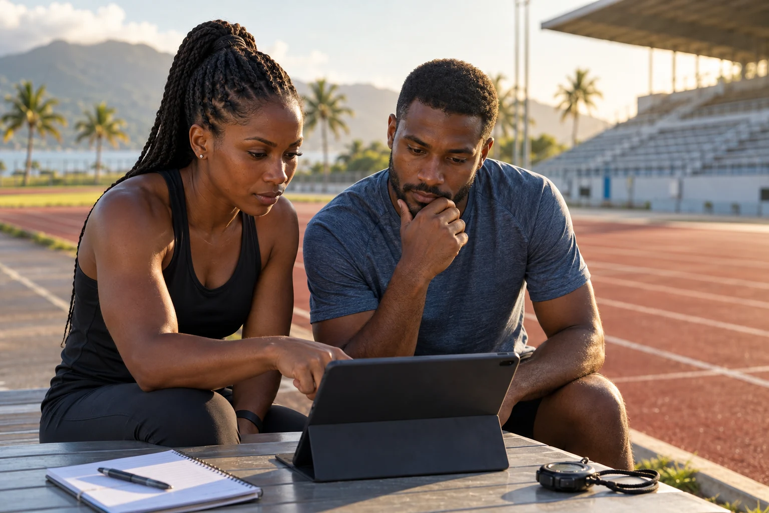 AI-generated illustration of a coach and analyst reviewing a tablet beside an empty running track.