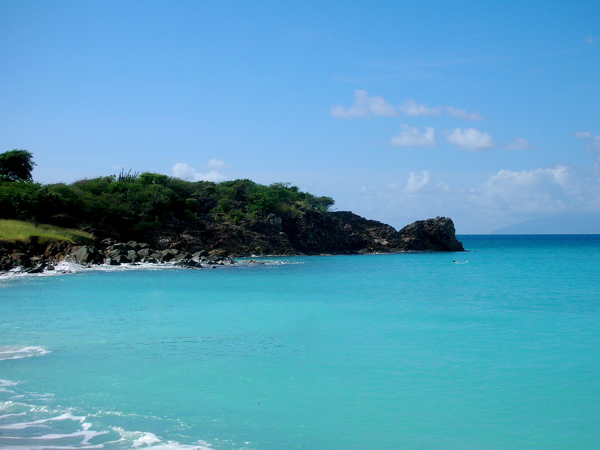 Turquoise water meets a rocky, tree-covered headland at Turner Beach, Antigua, under a blue sky